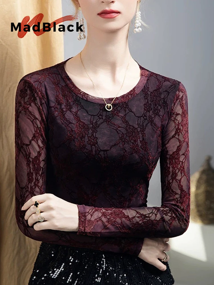MadBlack-Women European Flocking T-Shirt, Sexy O Neck Lace, Vintage Long Sleeve Slim Mesh S-3XL Sheer Tee, 2026 Autumn T6O513CC