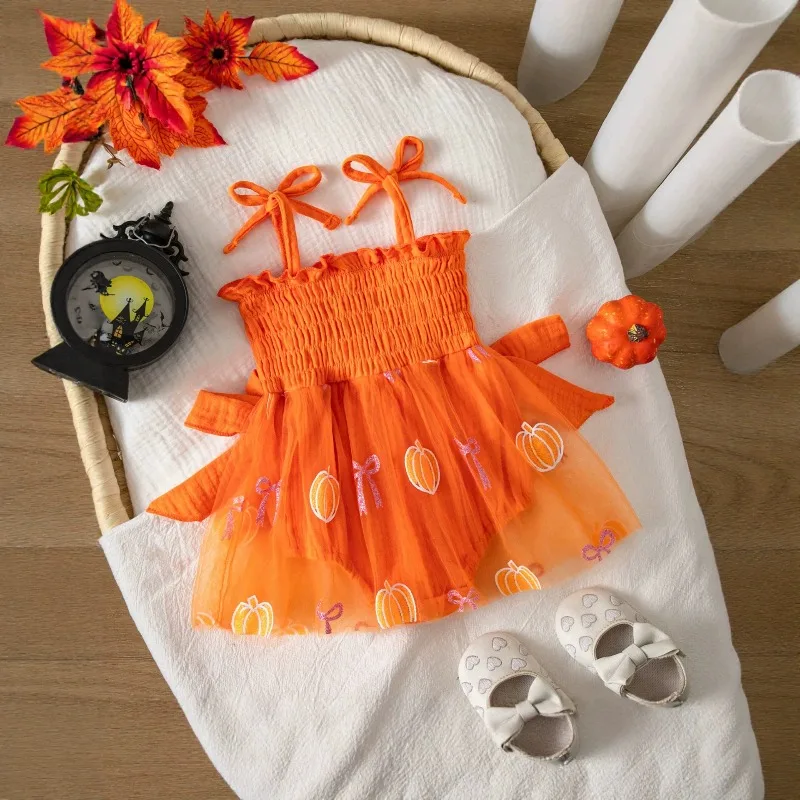 Pumpkin Face Tulle Baby Romper Dress with Bow Orange Halloween Newborn Infant Toddler Bodysuit Costume Outfit