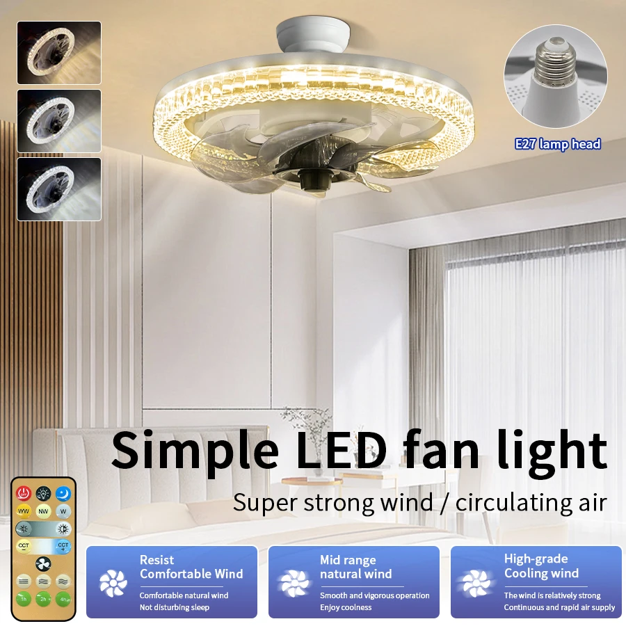 AC 85-265V E27 Modern LED Crystal Ceiling Fan Light with Remote Control 3 Color Dimmable 3 Speed Wind for Bedroom Living Room