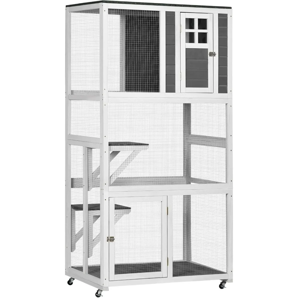 

74" Wooden Catio Outdoor Cat House Weatherproof & Wheeled, Outside Cat Enclosure with High Weight Capacity, Kitten Cage Condo,