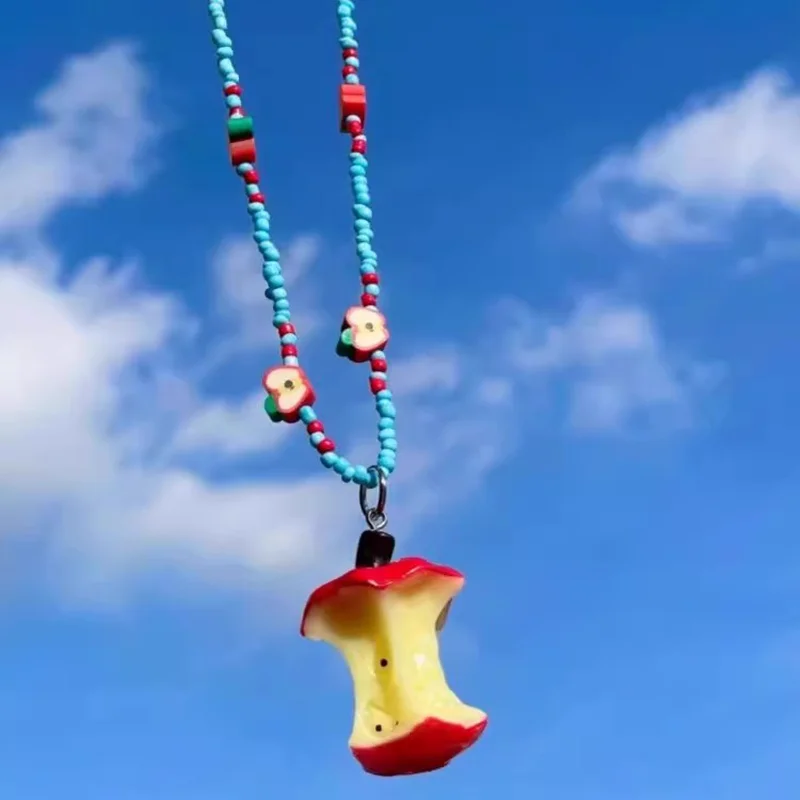 Summer Day Dopamine Apple Core Colorful Beading Pendant Necklace for Girls Sweet Cool Spice Girl Charm Clavicle Chain Jewelry
