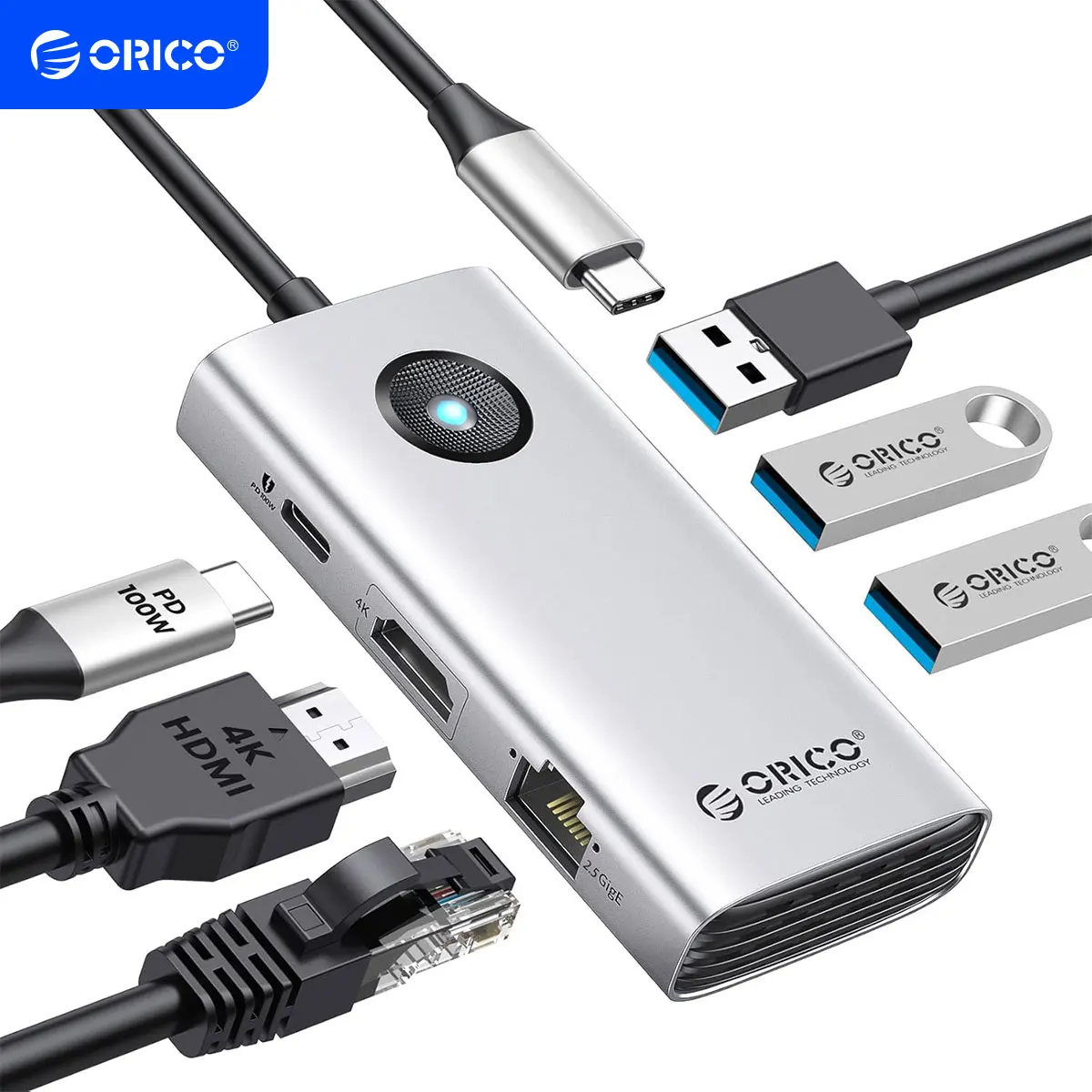 

ORICO 6-in-1 Docking C HUB 4K 30Hz Type-C Adapter USB3.0 5Gbps 100W PD Charger For Laptop Desktop