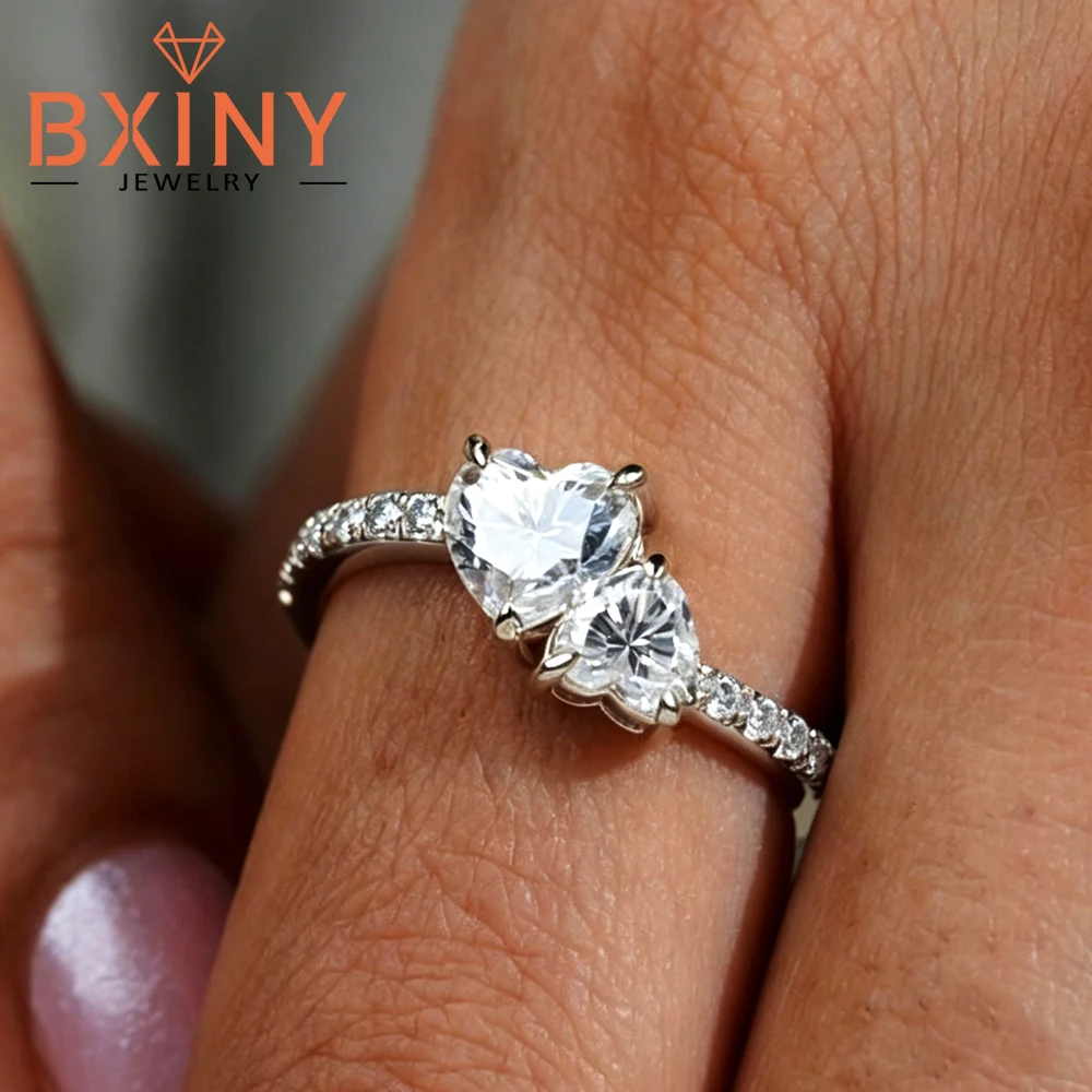 

Кольца BXINY с двойным сердечком и муассанитом, серебро 925 пробы, для женщин, сертифицированные бриллианты, обручальное кольцо, изысканные ювелирные изделия с сертификатом GRA