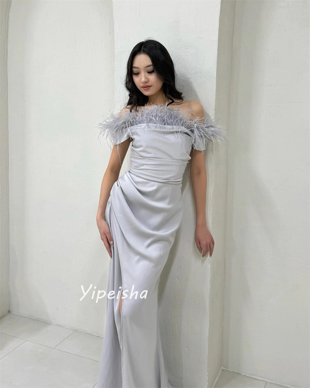 Formal Off the Shoulder A-line Feathers Pleat Ruched Floor-Length Satin Bespoke Occasion Dresses Evening 