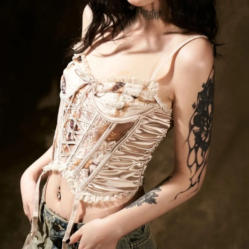 ฤดูร้อนเซ็กซี่ลูกไม้Bodycon PureสีCamisอเมริกันVINTAGE Vคอเสื้อแขนกุดY2k 2000s Evening PARTYเสื้อผ้า 2025 CHIC