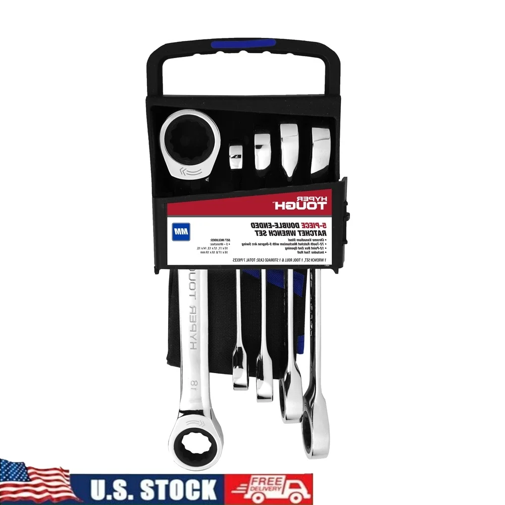

5 Piece Metric Double End Ratcheting Wrench Set Chrome Vanadium Steel Heat Treated Precision Machined Nickel Chrome Plated