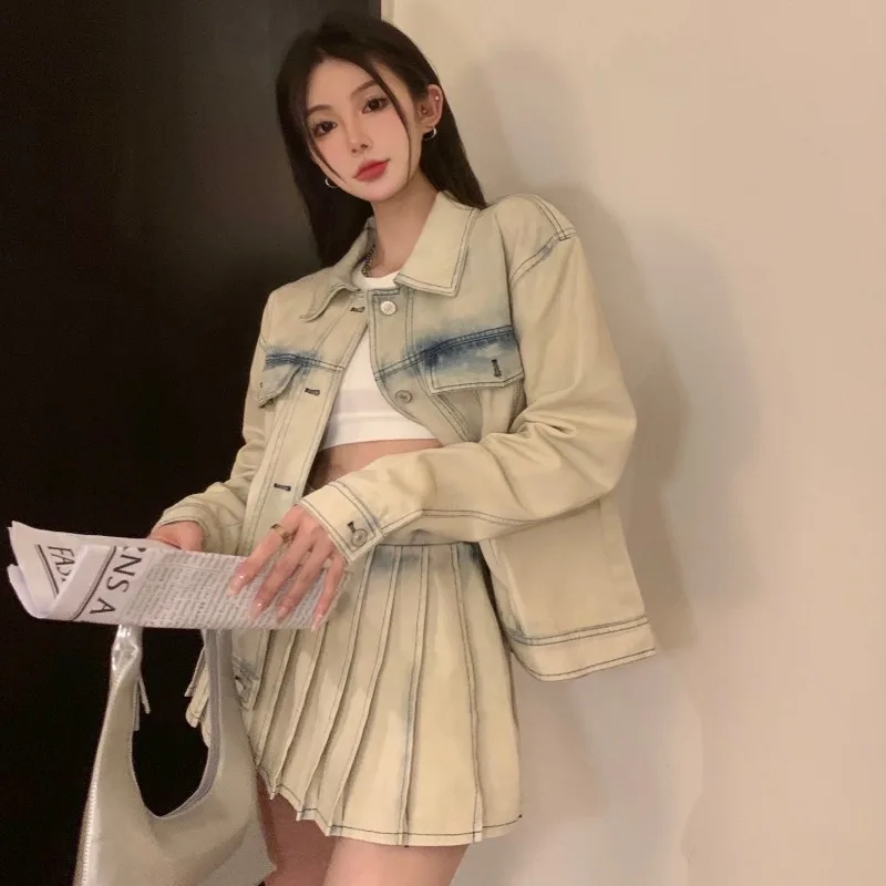 

Tie-dye Denim Suit Women Spring Vintage Fashion Long-sleeved Casual Jacket High Waist Slim Pleated Skirt Hot Girl Two-piece Set
