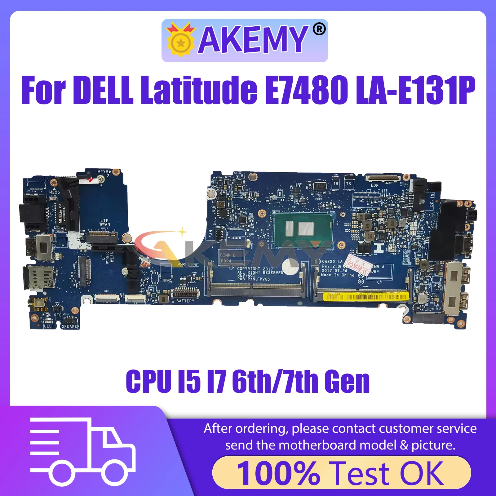 AKEMY LA-E131P Notebook Mainboard For Dell Latitude 7480 E7480 08FCRX 0F48ND 0CXWHP Laptop Motherboard CPU I5 I7 6th/7th Gen