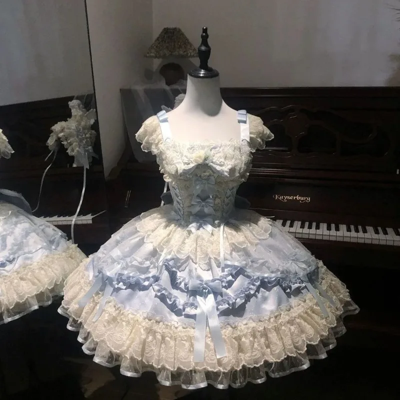 Japanisches Y2K Kawaii Lolita-Trägerkleid für Damen, blaue Spitze, Schleife, Patchwork, Prinzessinnen-Ballkleid, knielang, elegant, für alle Jahreszeiten