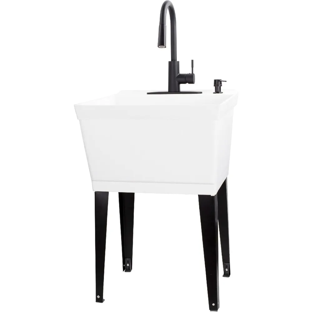 

White Utility Sink Laundry Tub With High Arc Black Faucet By JS Jackson - Pull Down Sprayer Spout, Heavy Duty Slop Sinks For W