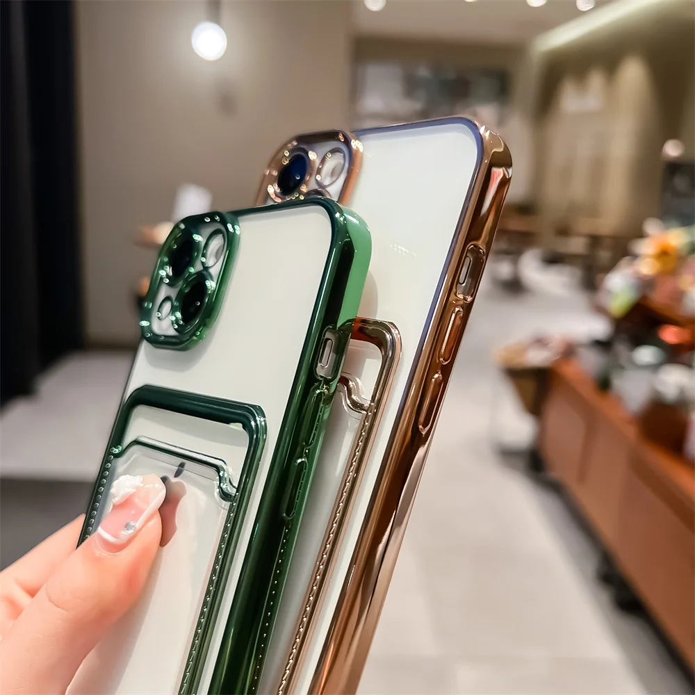 Electroplated Transparent Card Holder Wallet Case For iPhone 11 12 13 14 15 16 Pro Max Photo Pocket Shockproof Silicone Cover