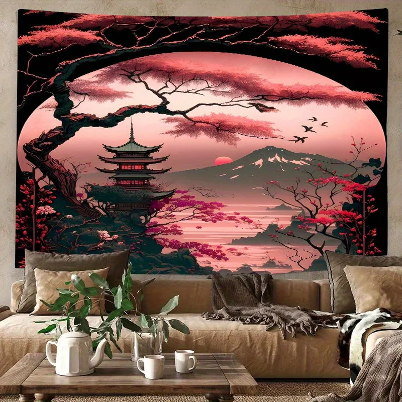 Tapiz de pagoda de flor de cerezo bajo el atardecer: decoración del hogar, agregado de belleza y tranquilidad orientales al espacio vivo