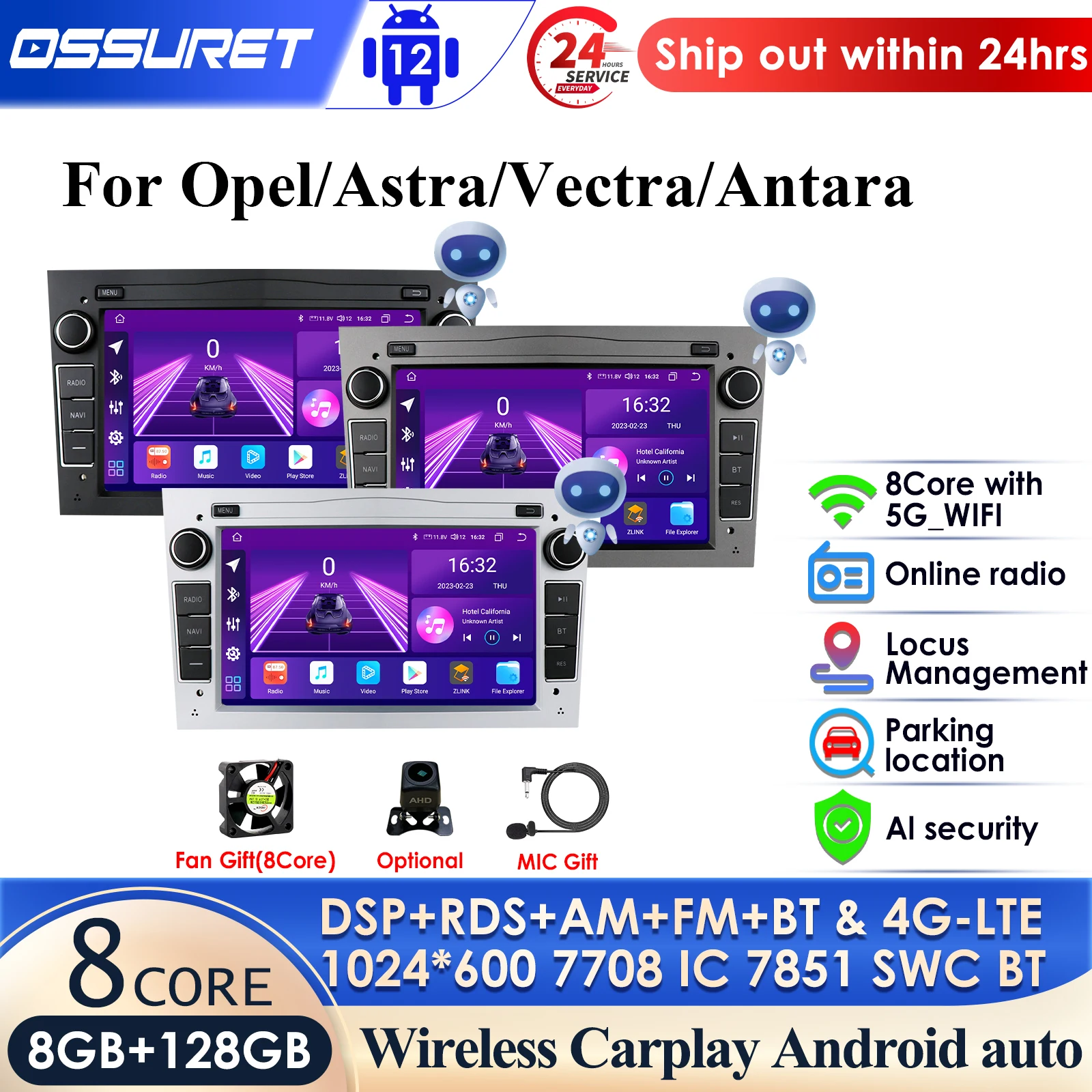 

7'' 4G CarPlay Android Auto Radio for Opel Astra H J Vectra Vauxhall Antara Zafira Corsa C D Vivaro Meriva Veda Car Autoradio BT