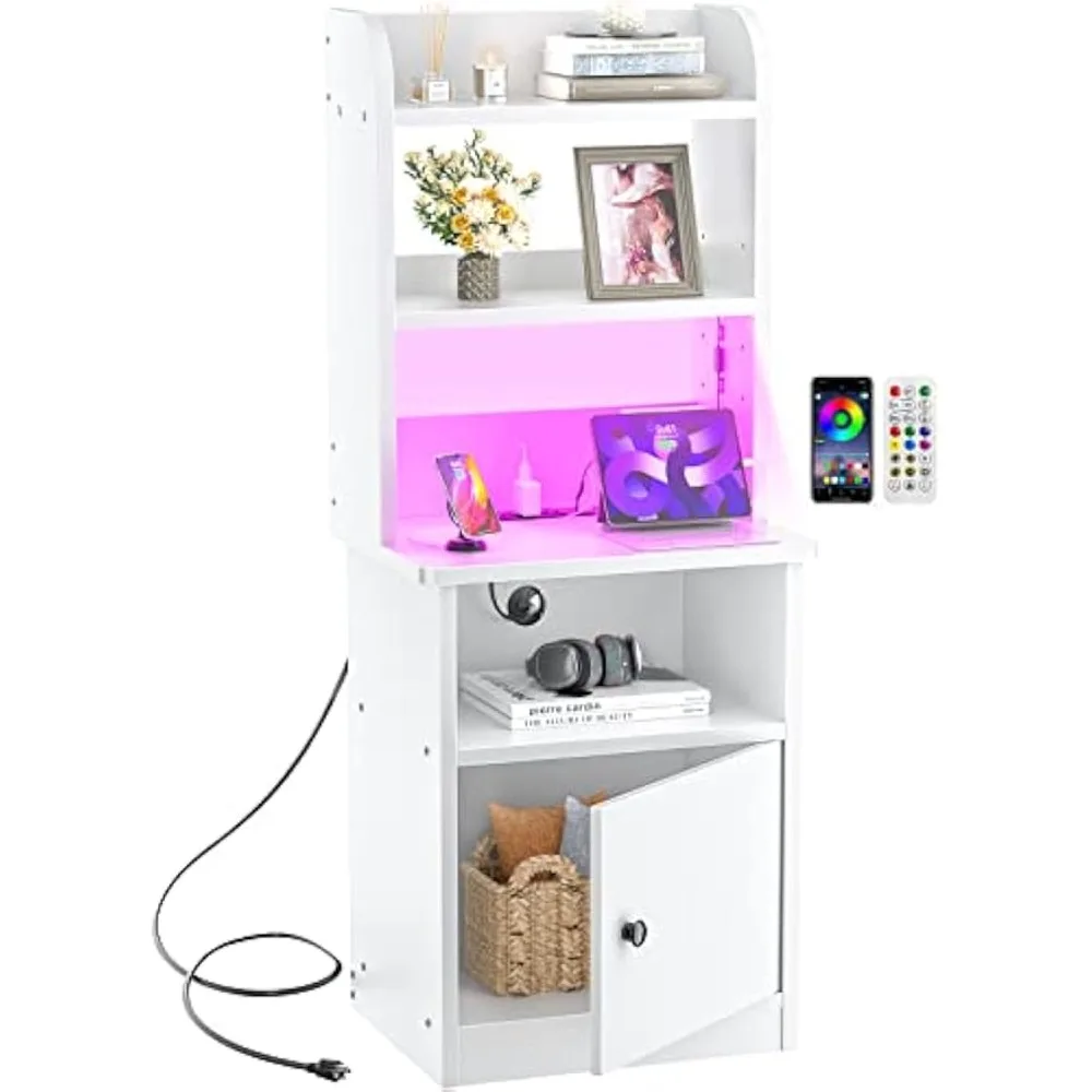 

Tall Nightstand with Charging Station and LED Lights - 47" Tall Bedside Table with Adjustable Bookshelf, Industrial End Table Si