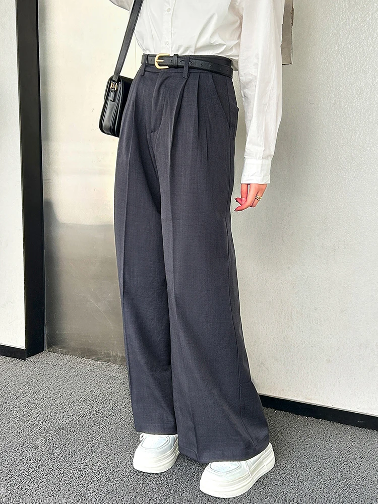 

High Waist Loose Straight Wide Leg Pants Thin Material Long Trousers Belt Casual West Pants Polyester Fiber Spring 2025