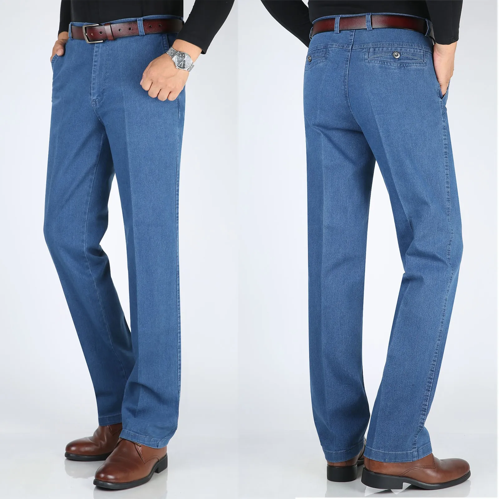 

High Elastic Men's Business Denim Trousers High Waist Straight Fit Jeans Pants Solid Color Autumn Spring Formal Work Denim Pants