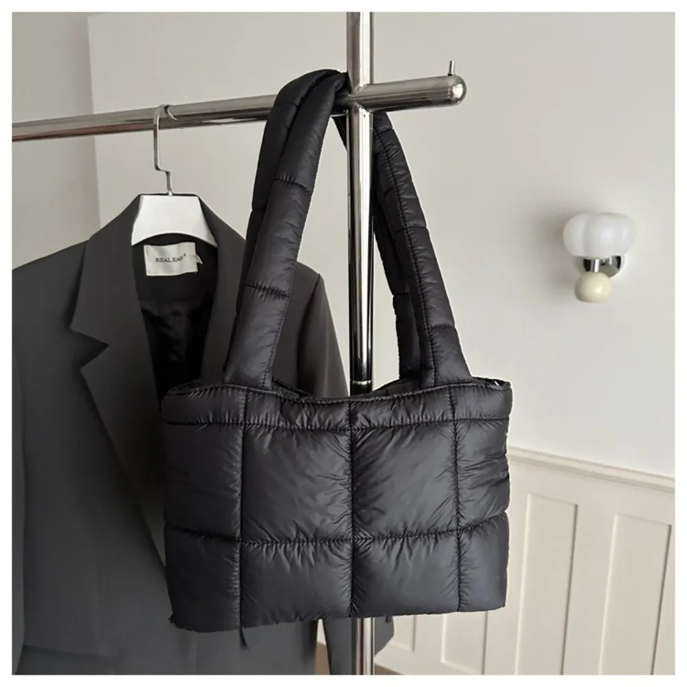 Fashion Cubic Grid Quilted Puffer Tote Bag Lightweight Cotton Solid Color Padded Handbag Large Capacity Shopping Bag Women view 5