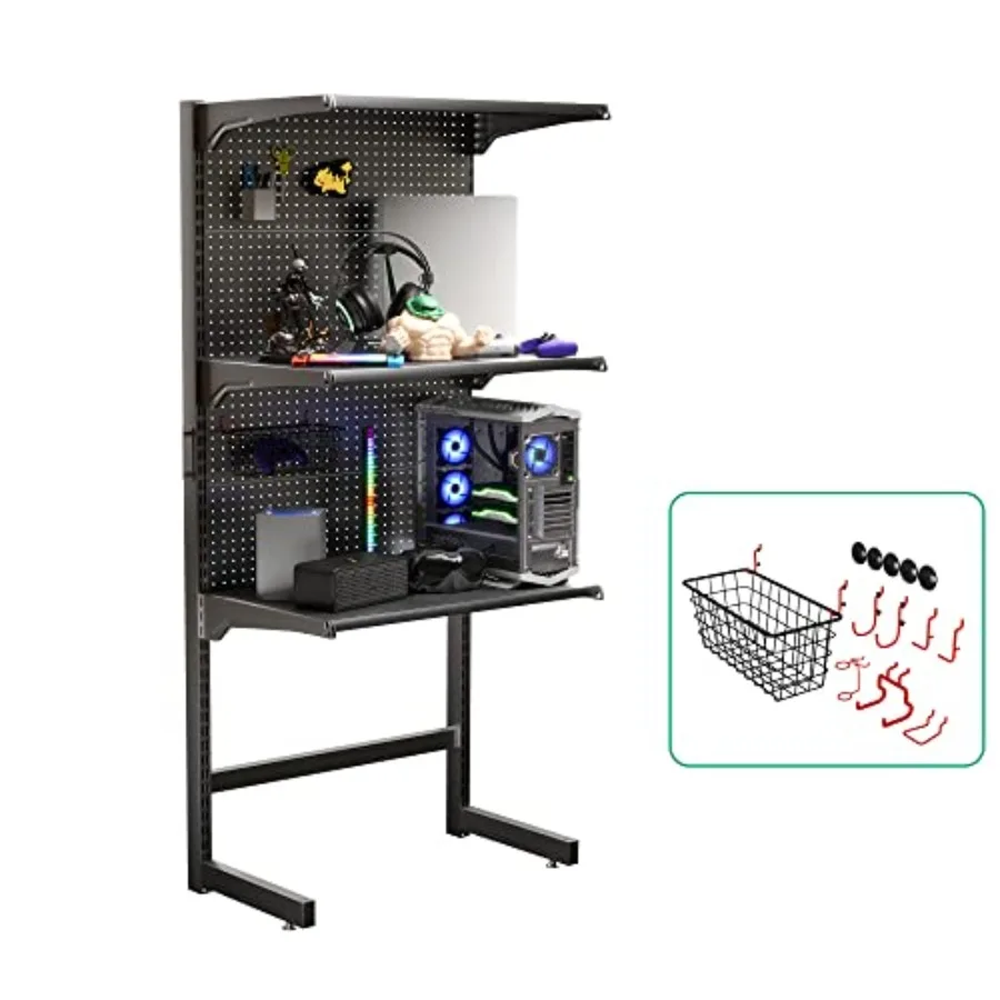 DDB Gaming Standing Shelf Units, 30'' Free Standing Gaming Shelf Pegboard Cabinet with Home Office Metal Pegboard and 15 Pieces
