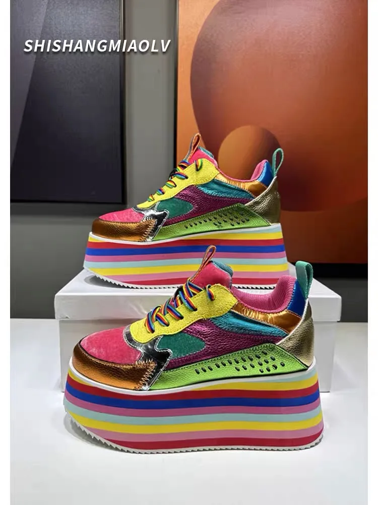 Primavera autunno donna Sneakers colorate scarpe alte con plateau tacchi grosso Casual papà scarpa vera pelle fondo spesso moda nuovo