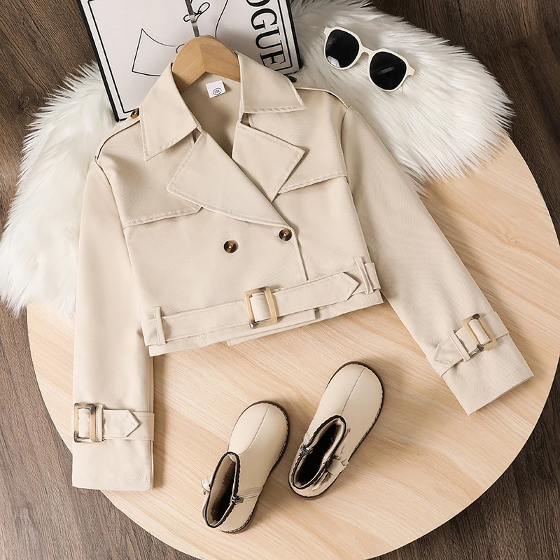 

Girls 8-12 Beige Cropped Trench Coat, Lapel Collar & Buckle Belt, Versatile Spring Fall Casual Outerwear