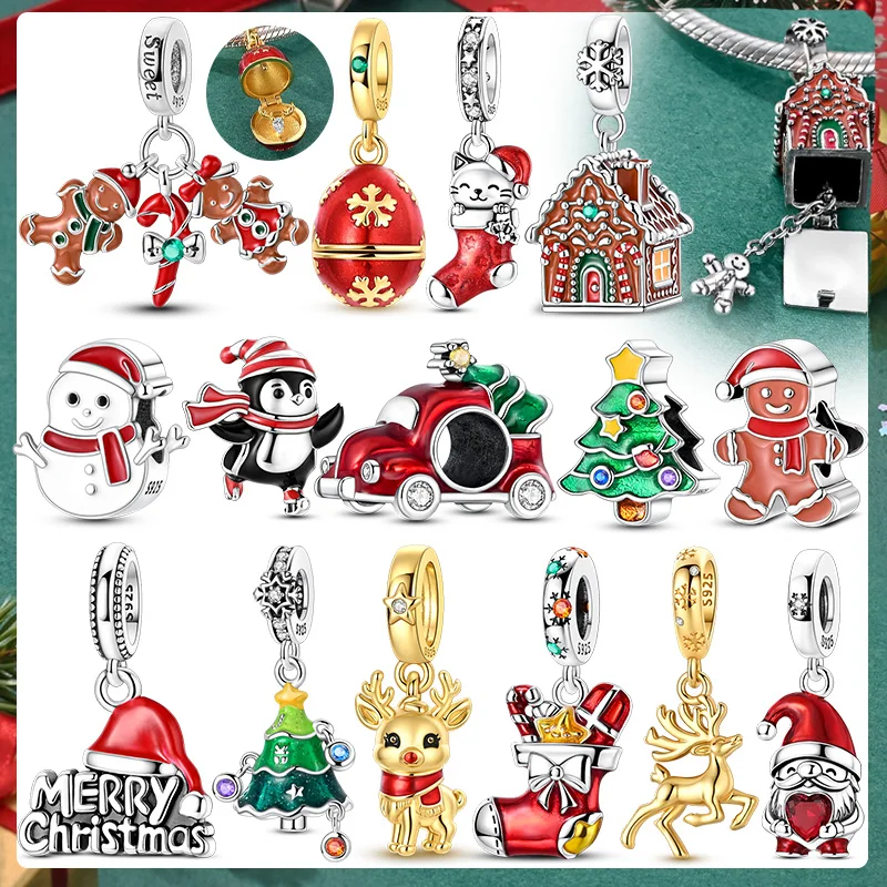 925 Sterling Silver Christmas Charms Pendants Snowman Christmas Tree Gingerbread Man Beads Fit DIY Bracelet Unisex Women Jewelry
