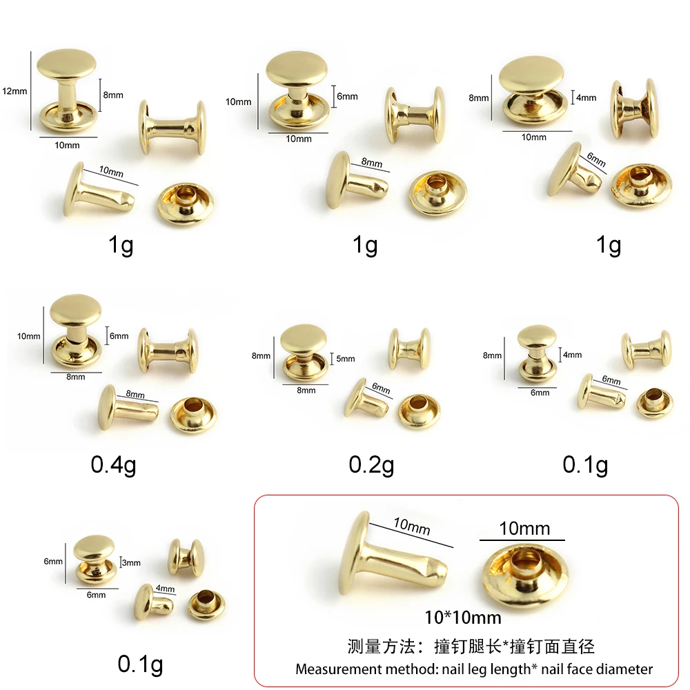 100/500Sets 8x8mm 6x6mm 10x10mm 12x10mm Brass Hat Nails Leather Rivets Metal Double Mushroom Cap Stud For Purses Belt Garment