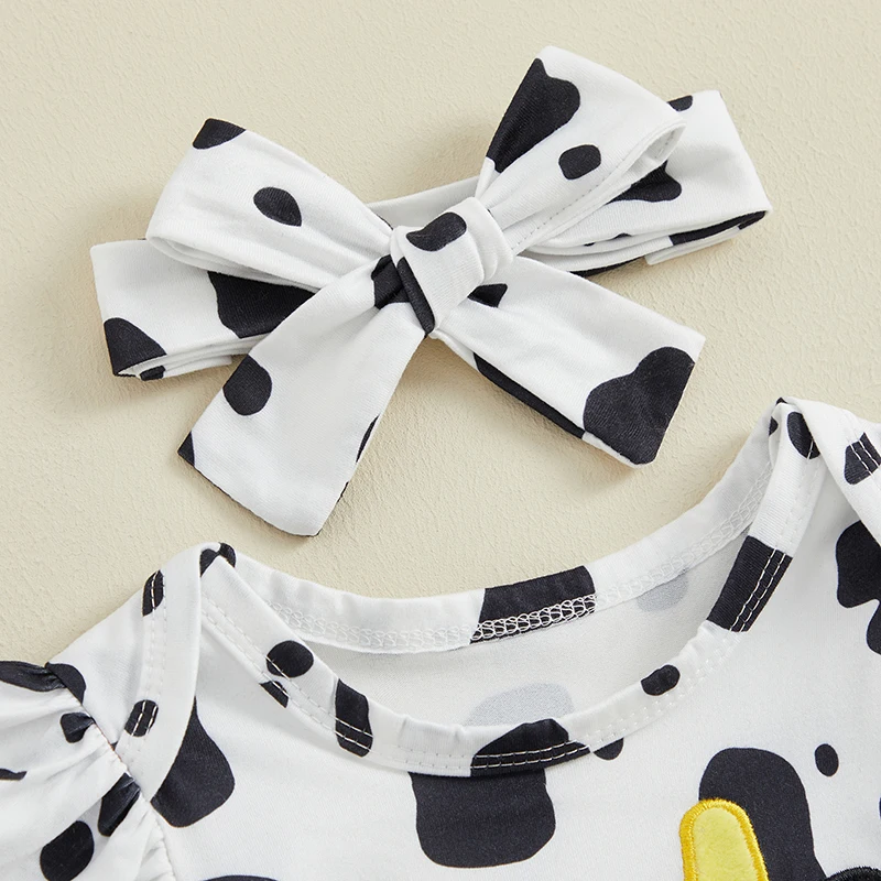 

Infant Baby Girls Cow Shorts Sets Embroidery Short Sleeve Romper and Belted Shorts 3Pcs Milk Cow Summer Outfits