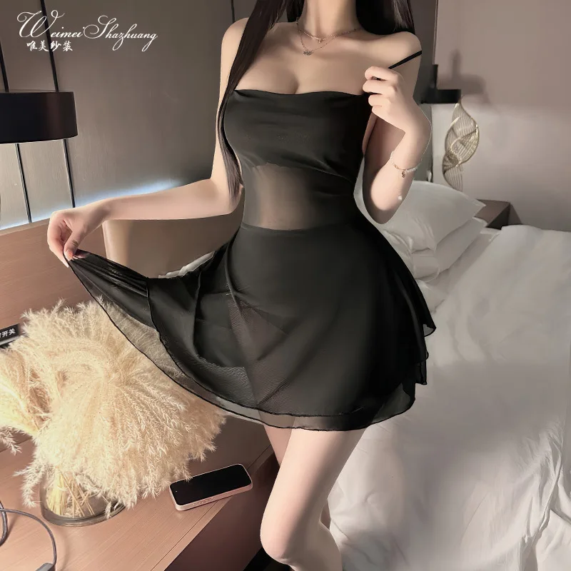 Sexy lace-up erotic nightgown for women, mesh see-through seductive backless nightdress, pure desire low-neck erotic lingerie
