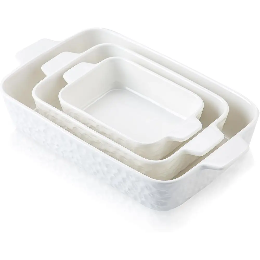 

Rectangular Ceramic Bakeware Set, 3-Piece White Oven-Safe Casserole Dishes with Handles for Baking Cakes and Dinners