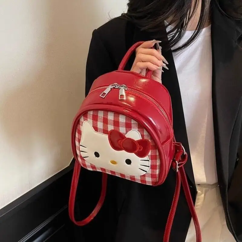 20Cm Sanrio Hello Kitty Red Grid Pattern Pu Leather Backpack Single Layer Zipper Large Capacity Storage Travel Girl Holiday Gift view 6