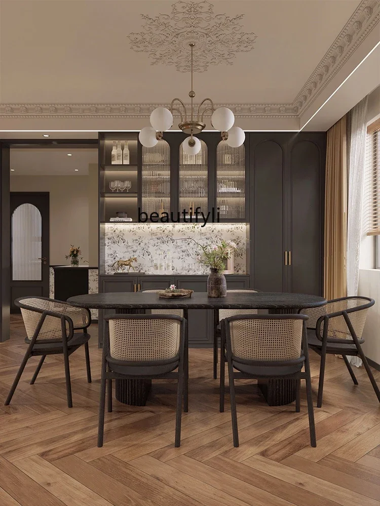 

X188Japanese Style Solid Wood Dining Tables and Chairs Set Oval Black French Classical Nordic Home Small Apartment