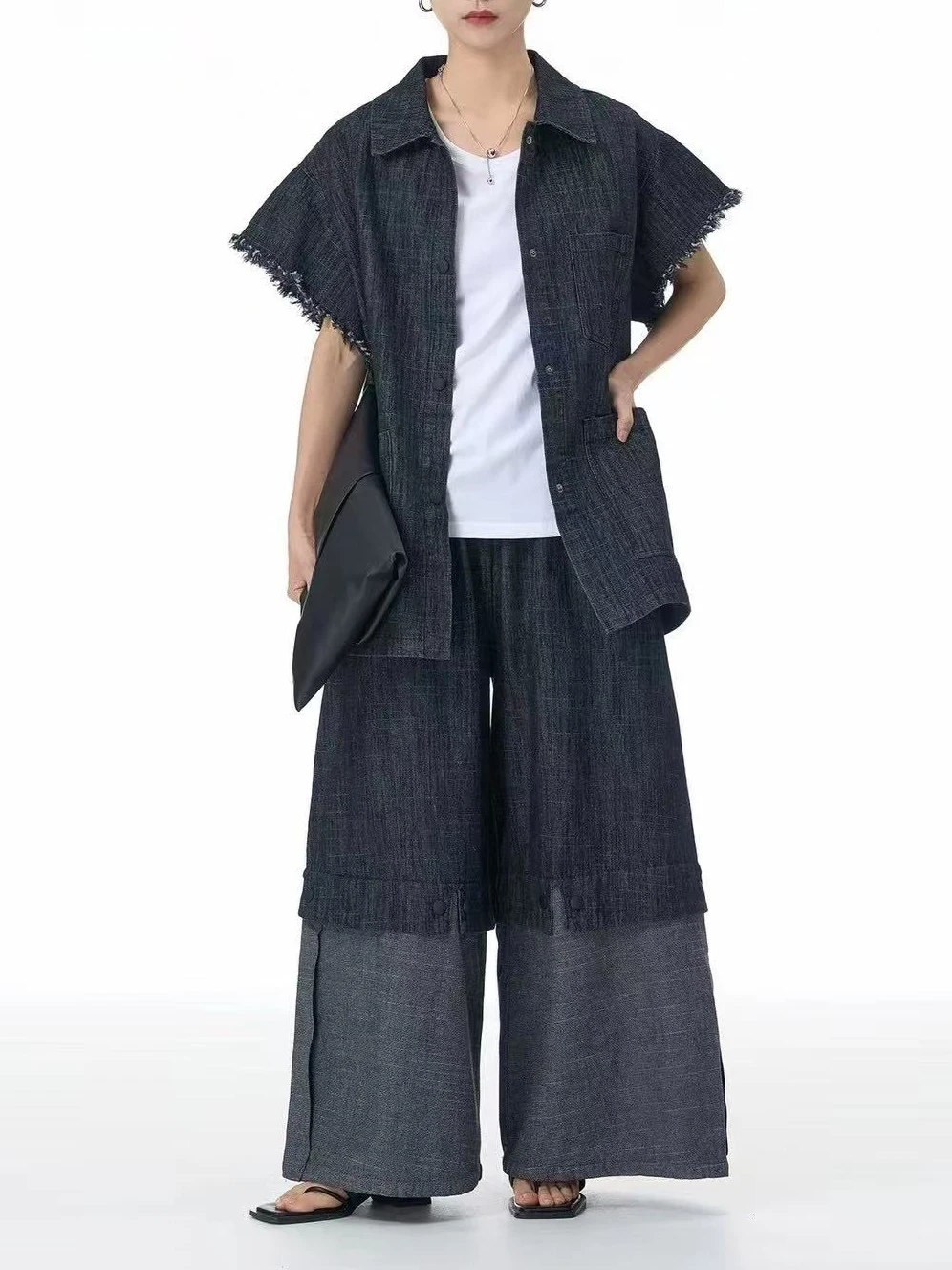 Superaen gola quadrada borda áspera camisa jeans empilhados colete 2025 verão moda feminina estilo colete calça conjuntos