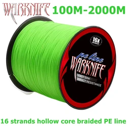 Warknife 16 Strands 100M - 2000M Hollow Core PE Extreme Japan Braided Fishing Line 20LBs-500LBs Assist Line Fluorescent Green
