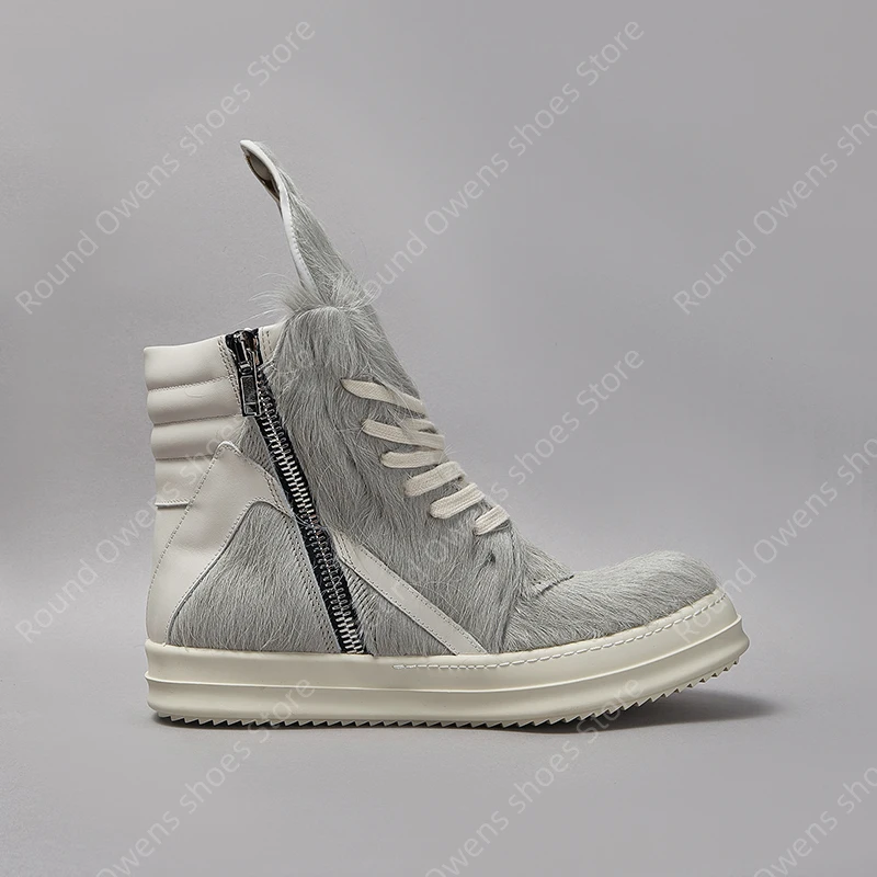 

High Top Casual Shoes Men Grey Horse Hair Ro Luxury Designer Geobasket Thick Sole Lace Up Zip Sneakers Women Flat Ankle Boots