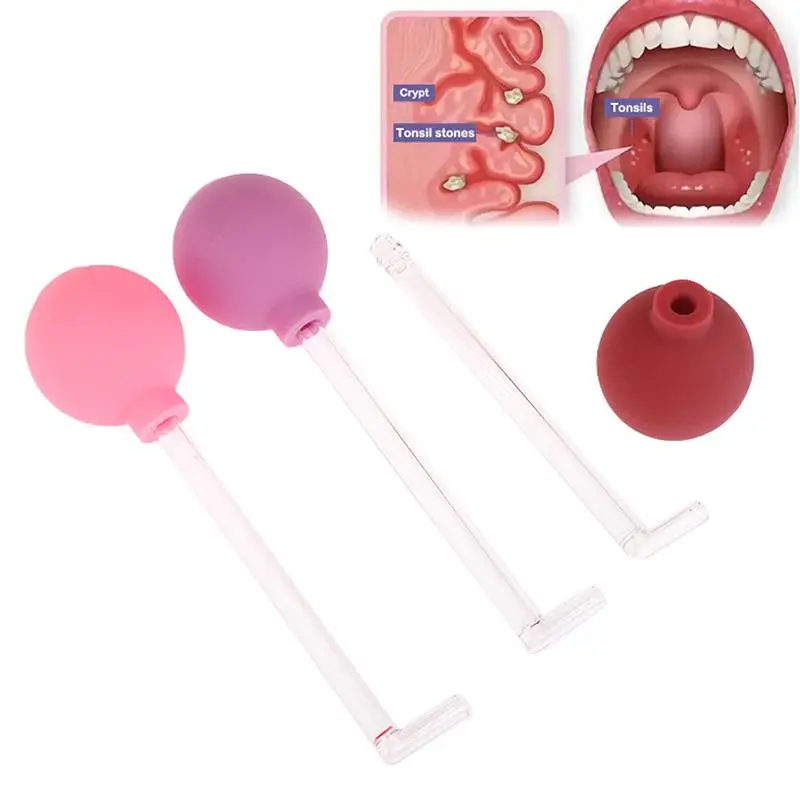 Tonsil Stone Remover Kit With Soft Pink Silicone Suction Bulb Stainless Steel Dental Mirror For Home Daily Oral Care