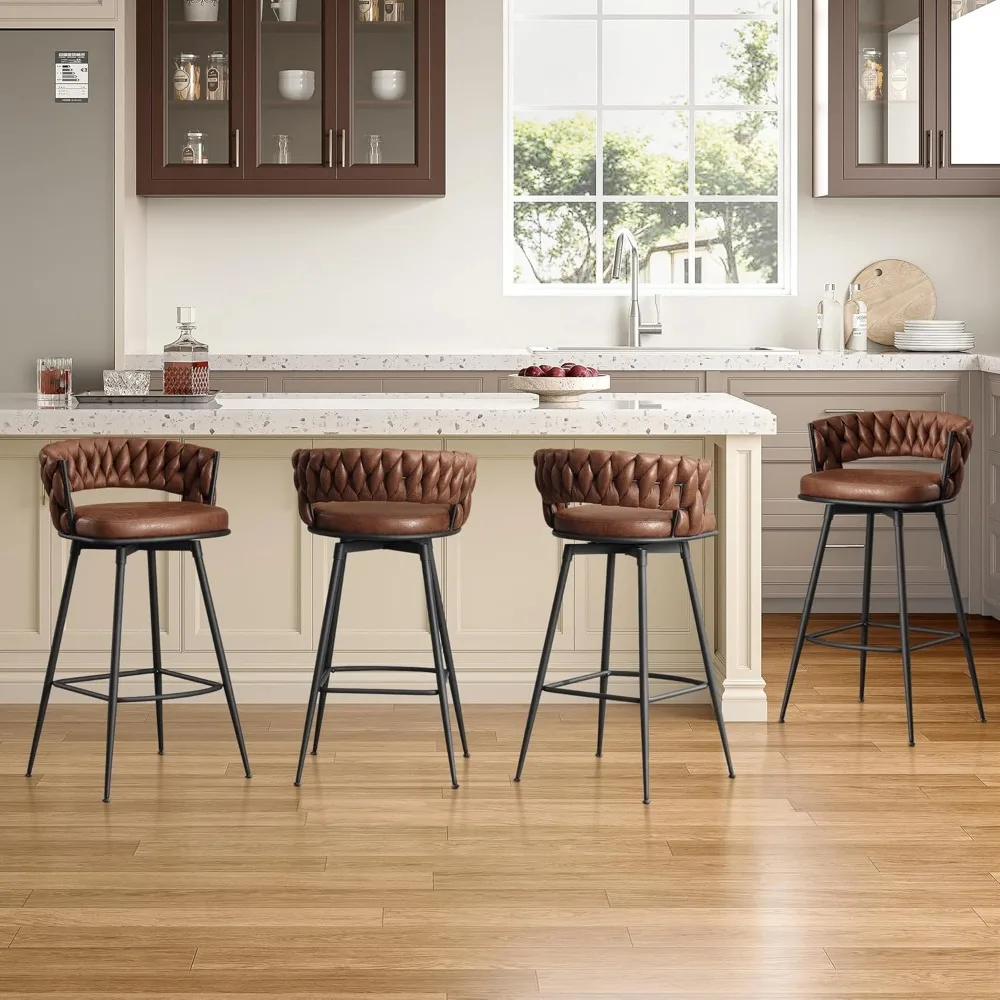 

26inch Bar Stools Set of 4, Counter Height Bar Stools, 180° Swivel Suede Fabric Stool Chairs with Woven Back and Footrest