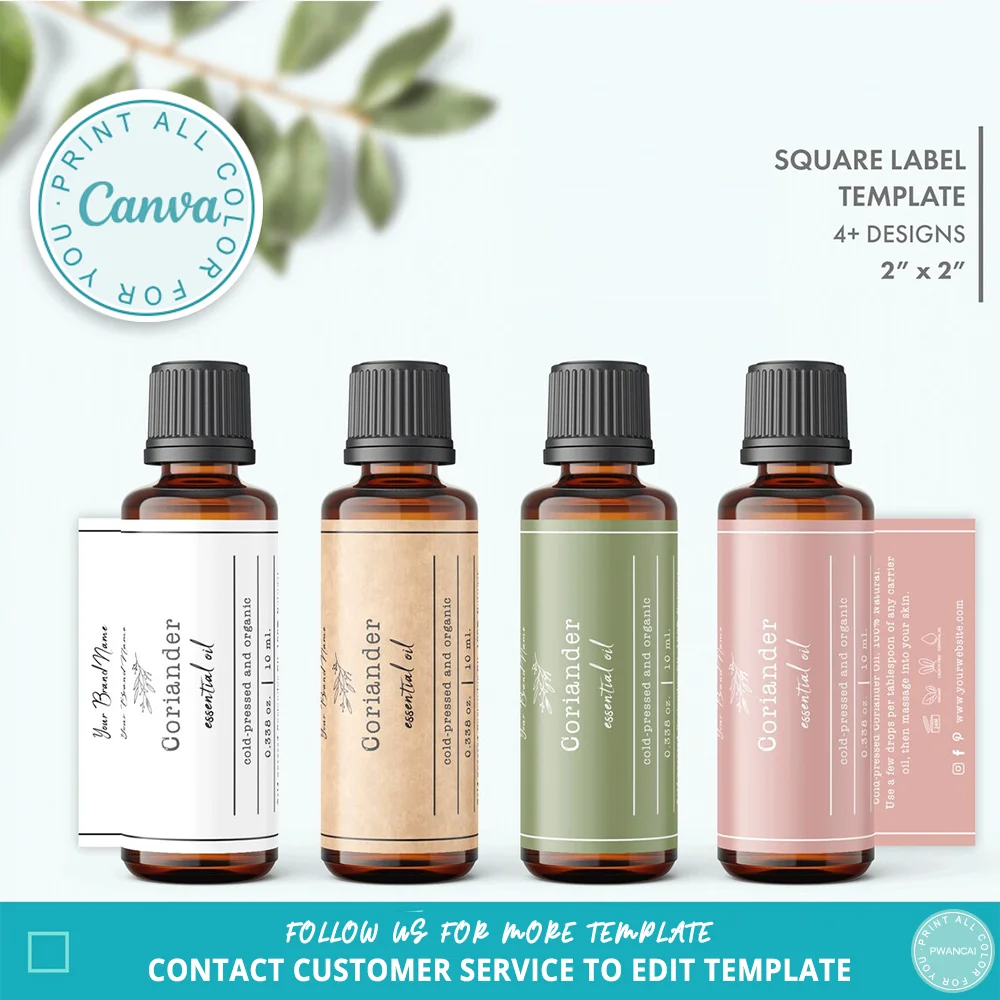 

Editable Design Floral Essential Oil Label Printable Minimal 10 ml Roller Bottle Label DIY Square Small Bottle Wrap Around Label