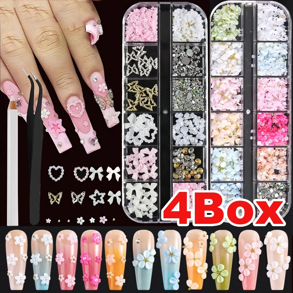 4 stücke Legierung Schmetterling/perle/blütenblatt/blume/für Nagel Dekoration Gemischt Nagel Strass Kristall Diamant DIY frühling Nagel Materialien Teil
