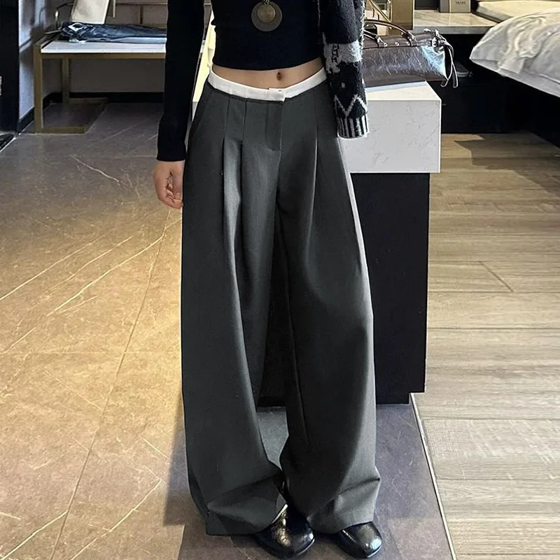 Grey Wide-leg Pants Women White Waist Splicing Loose Thin Casual Suit Pant Full Length Office Lady Elegant Button Trousers Women