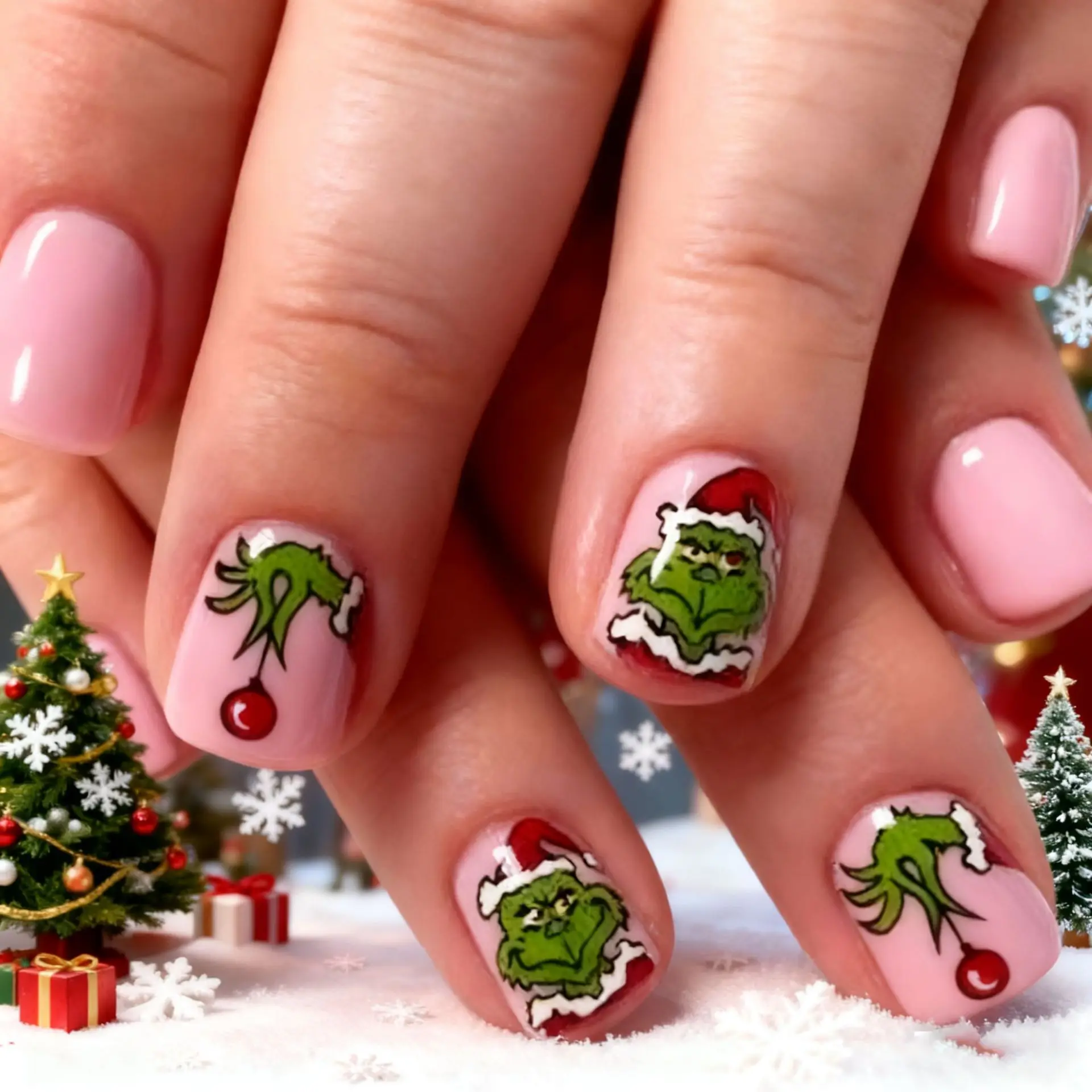 

24PCS Press on Nails Grimm Cute Cartoon Red Christmas Hat Green Fur Monster Design Christmas Manicure Short Square False Nails