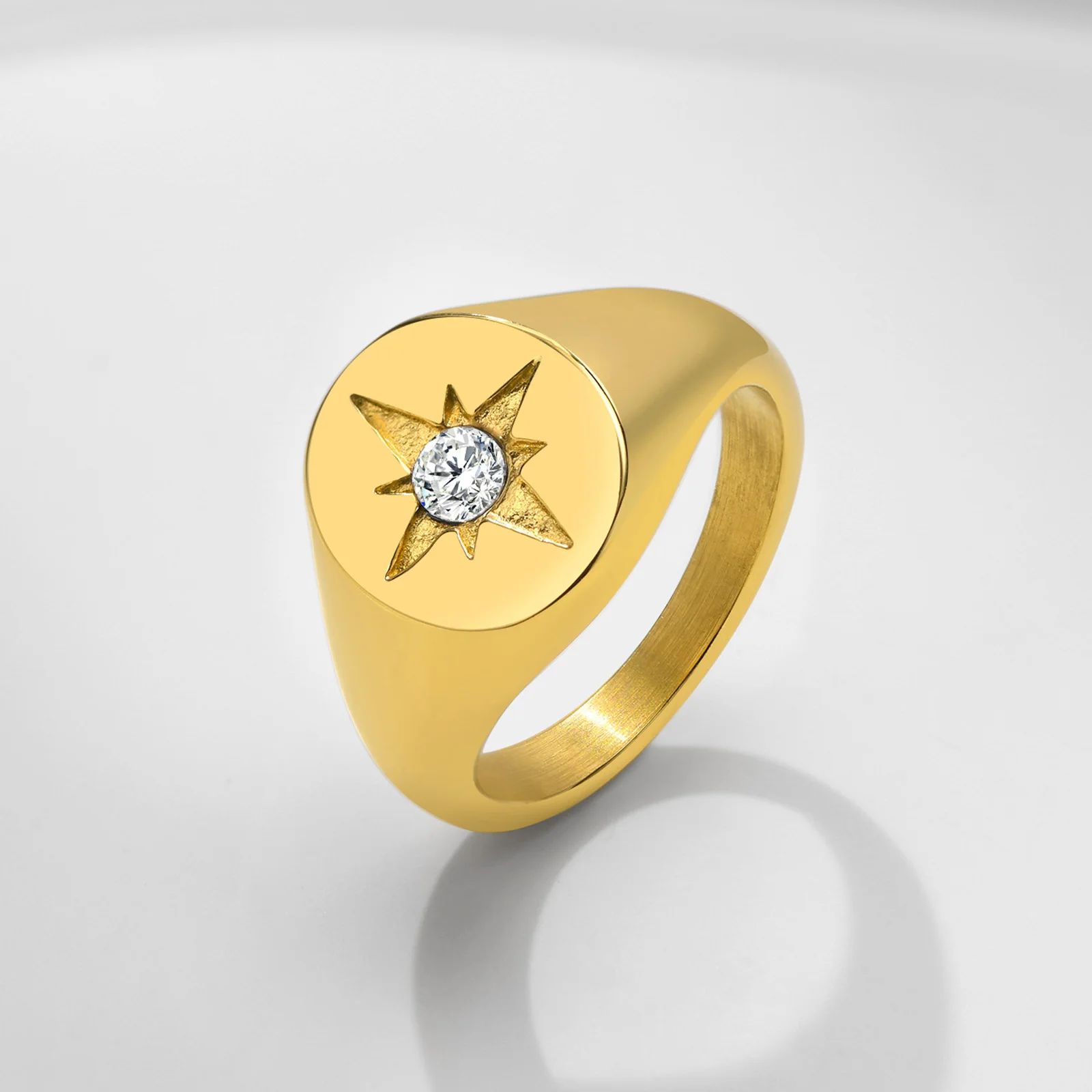Women Star Signet Rings, Gold Color Solid Stainless Steel Round Top Finger Band, AAA CZ Stone Star Girl Anel