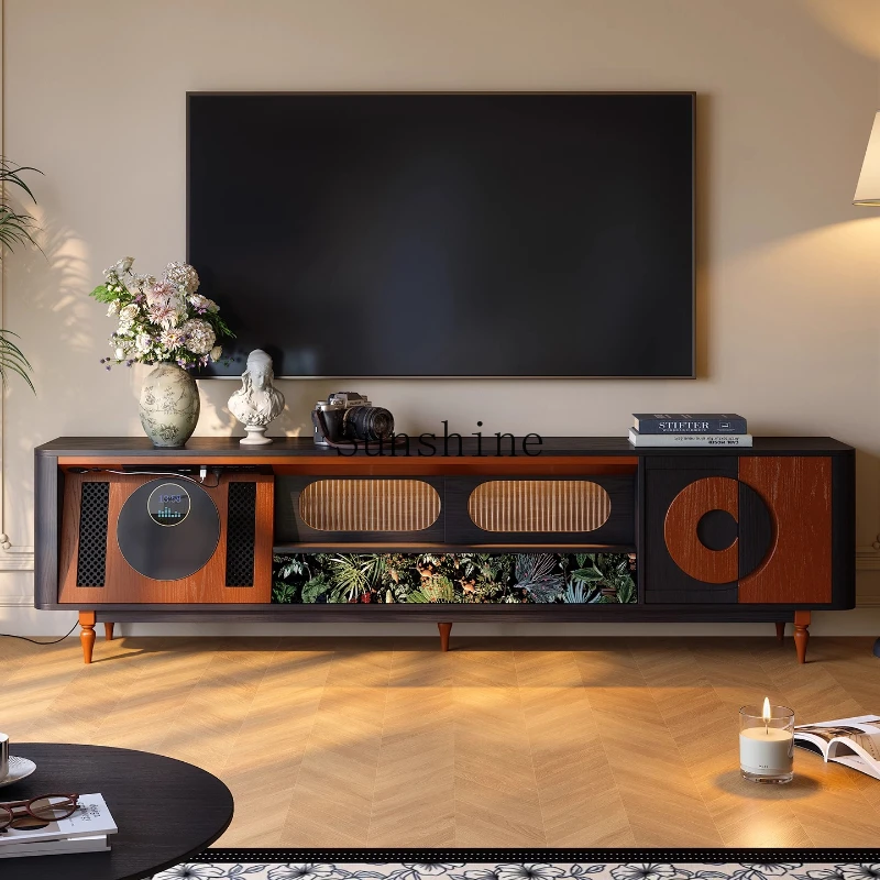 

French retro small apartment living room solid wood floor TV storage floor cabinet