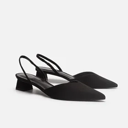 Summer 2025 New Women Black Baotou Fashion Sandals Woman Heels Pumps Silk Sexy Pointed Sandalias Female Low Heels Shoes