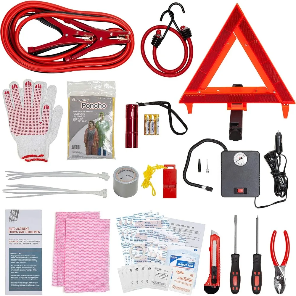 طقم ضاغط هواء للسيارة مكون من 76 قطعة مع كابلات توصيل ومصباح يدوي وأساسيات الإسعافات الأولية