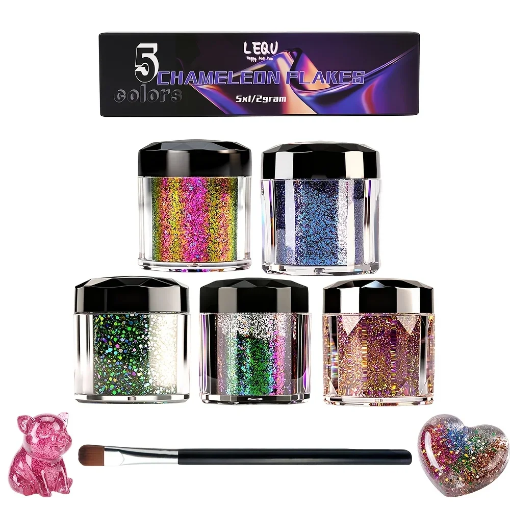 LEQU 5 Color Coarse Flake Chameleon Powder Upgraded Pigment Stable Color Rich Layer for Resin DIY Craft Art