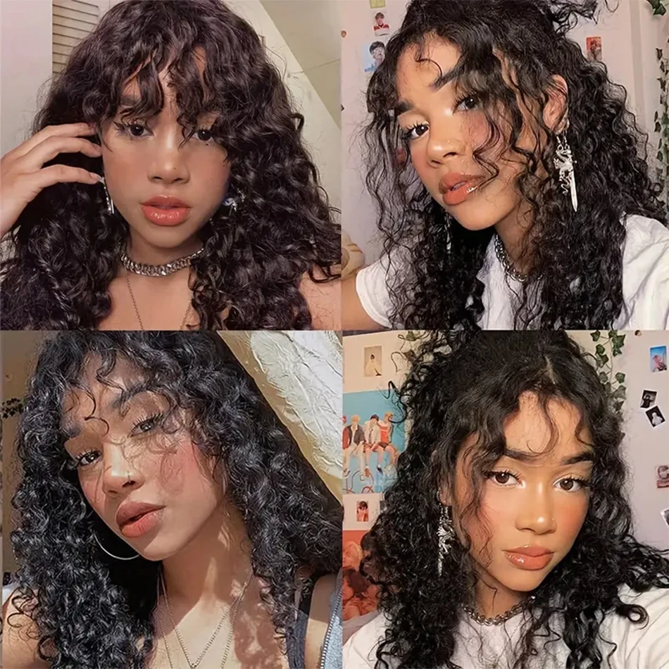 Glueless Water Wave Wig With Bangs Black Women's Human Hair Wig Without Glue Fully Machine Made Wig With Bangs Kinky Curly Wig