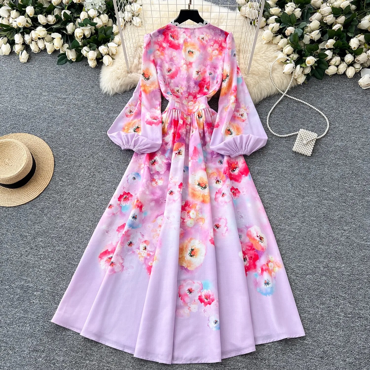 Nova primavera verão floral férias maxi vestido feminino sexy decote em v manga longa puff rendas guarnições bordado robe vestidos