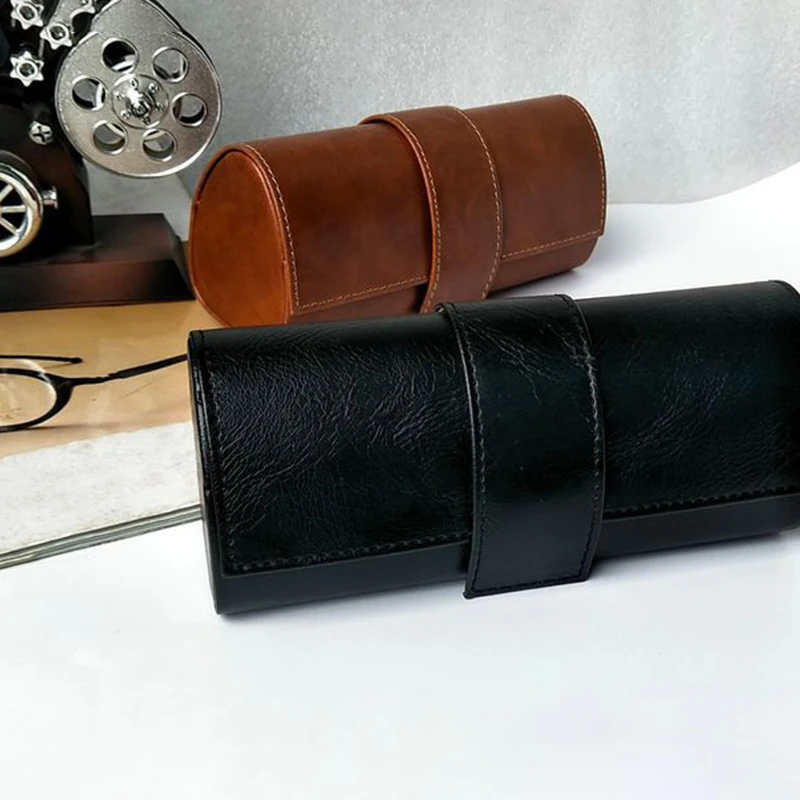 Vintage Leather Handmade Glasses Case Sunglasses Hard Box Men Large Size Brown Black Color Flip-top Eyewear CaseNew Year Gift