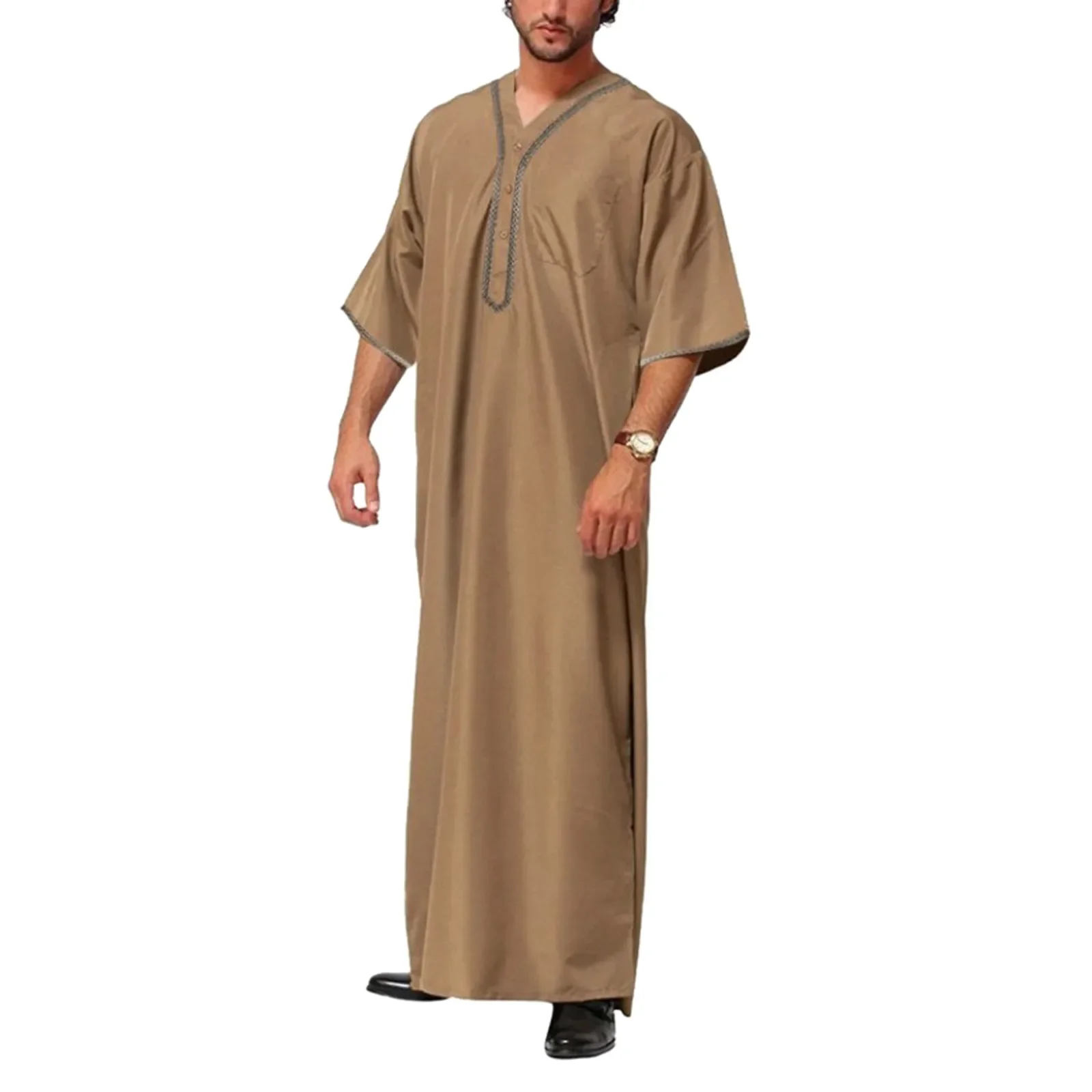 Vestes de Kaftan muçulmano Vintage meia manga masculina, V-Neck Impresso Galabia Thobe, Patchwork sólido, roupas árabes, lazer, plus size S-5XL