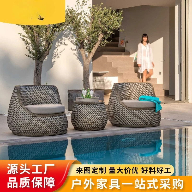 Nordic outdoor rattan sofa combination coffee table round table single rattan bed single chair double bamboo rattan round bed